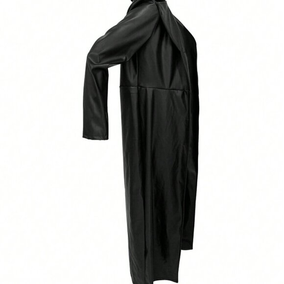 Black Elegant Women's Faux Leather Trench Coat - Picture 4 of 7